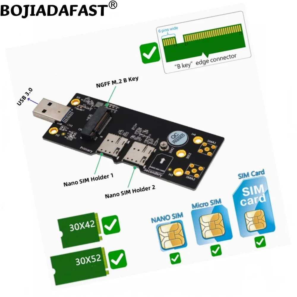 

USB 3.0 Connector To NGFF M.2 Key-B Wireless Adapter Dual NANO SIM Card Slot For 5G 4G LTE WWAN Modules
