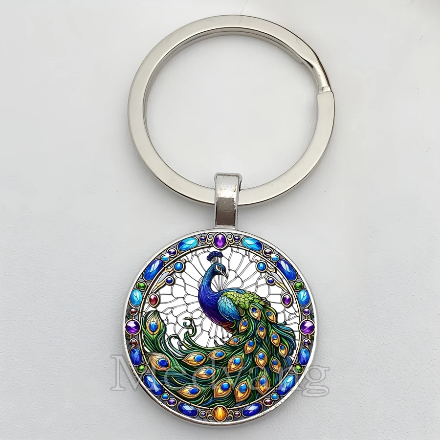 Beautiful Colorful Peacock Keychain Charm Peacock Pattern Glass Dome Keyring Jewelry for Women