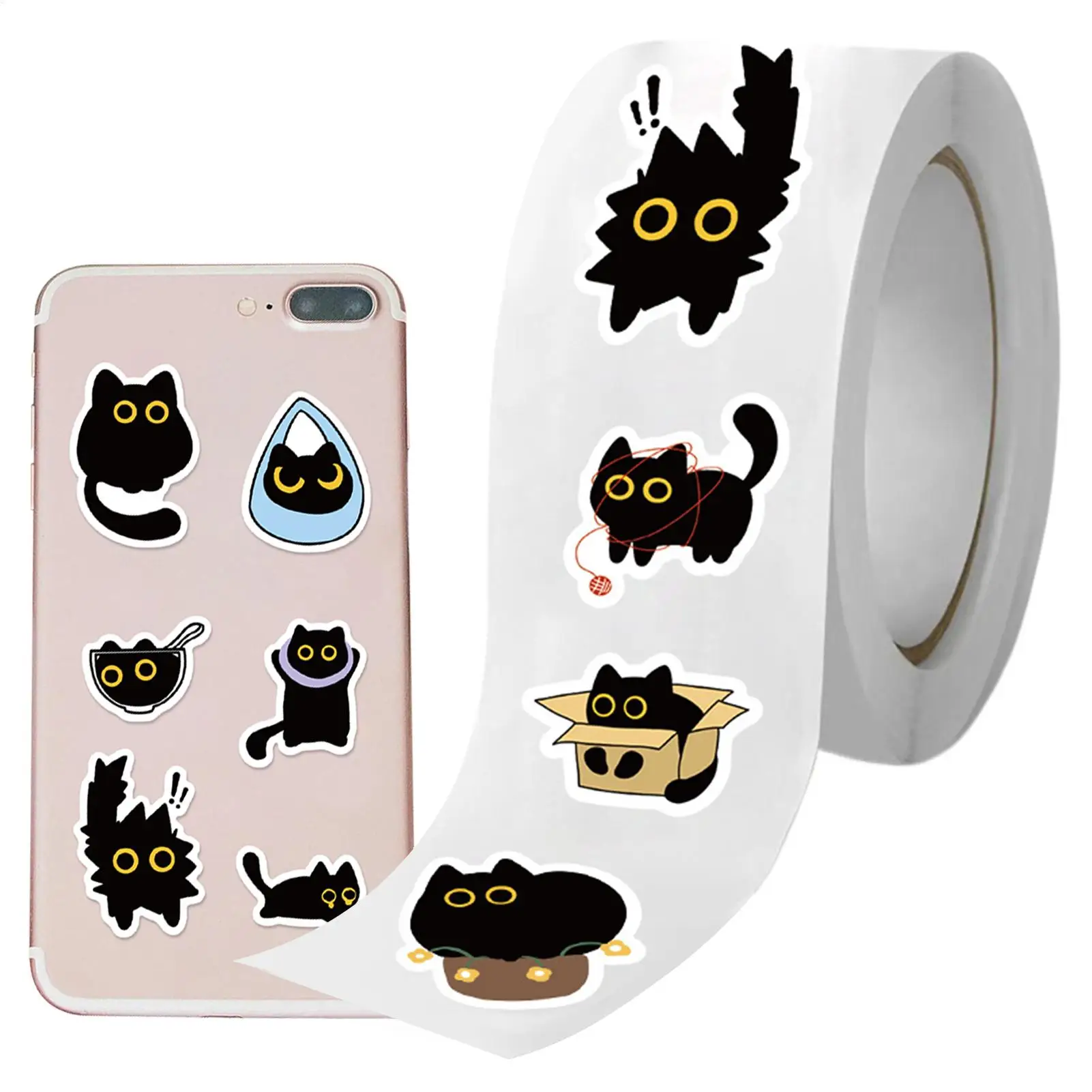 Cat Stickers 500 Sheets Decorative Self-adhesive Decal Cartoon Black Roll Stickers Envelope Stickers For Kids Adult Water Bottle