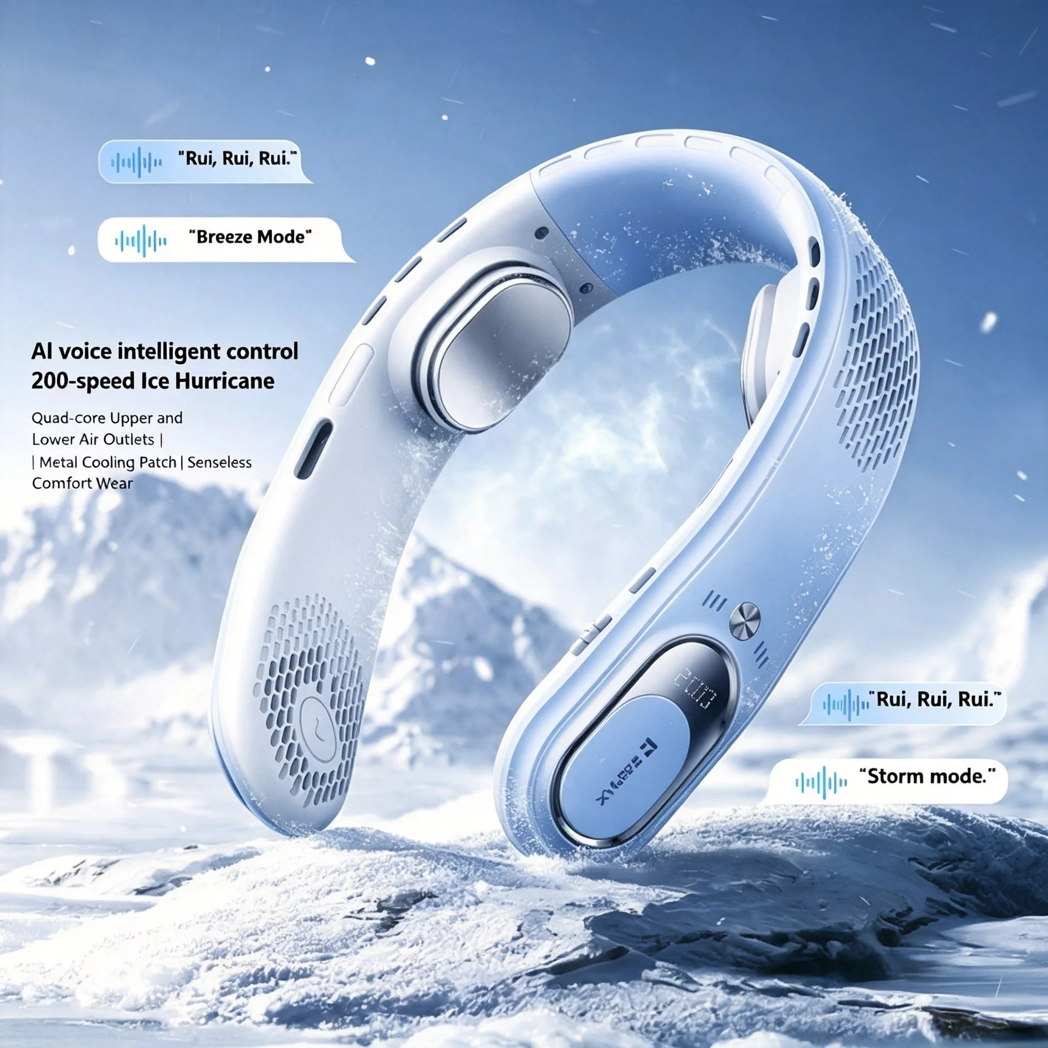 REMAX AI Voice Control Neck Fan 4 Core Motors Stepless 200 Speed Dual Airflow Bladeless USB Rechargeable Portable Fan for Travel