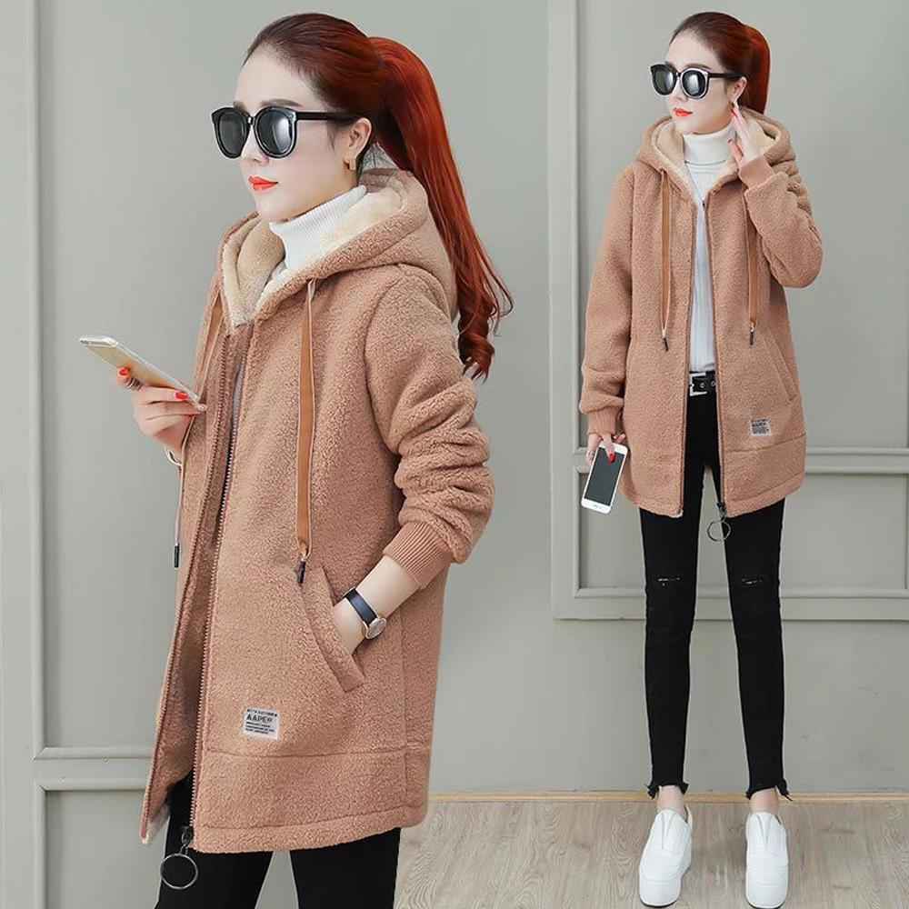 

Women's Thickened Fleece Hoodie Solid Color Long Sleeve Zipper Mid-Length Casual Jacket Winter Warm Loose Cardigan Top