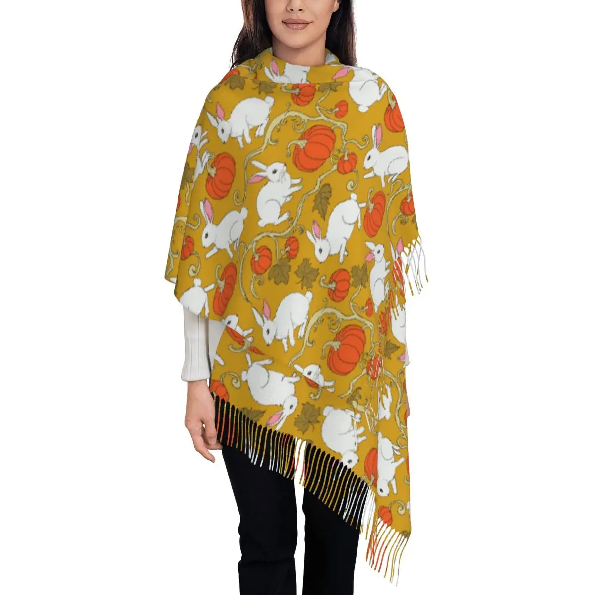 Custom Cute Rabbit And Pumpkin Pattern Tassel Scarf Women Soft Shawls Wraps Ladies Winter Fall Scarves