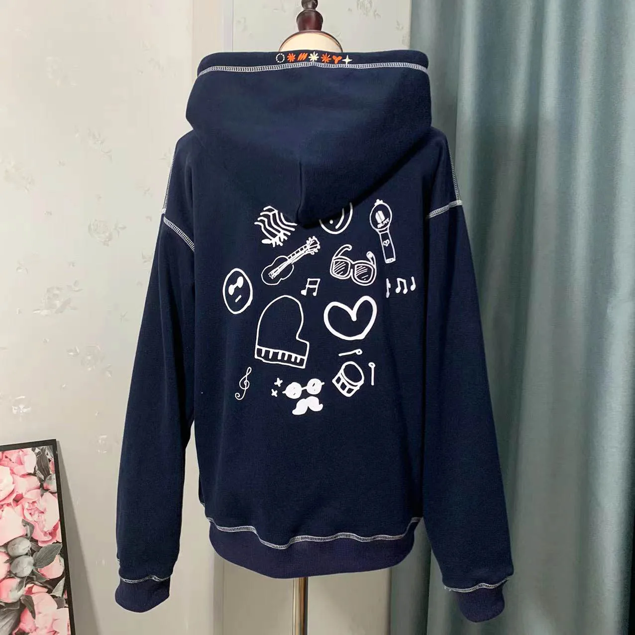 

Kpop ARMY YOU NEVER Autumn Winter Navy Blue Embroidery Zipper Jacket Top Coat Women Man Tian Guozheng Zip Denim Y2k Hoodie