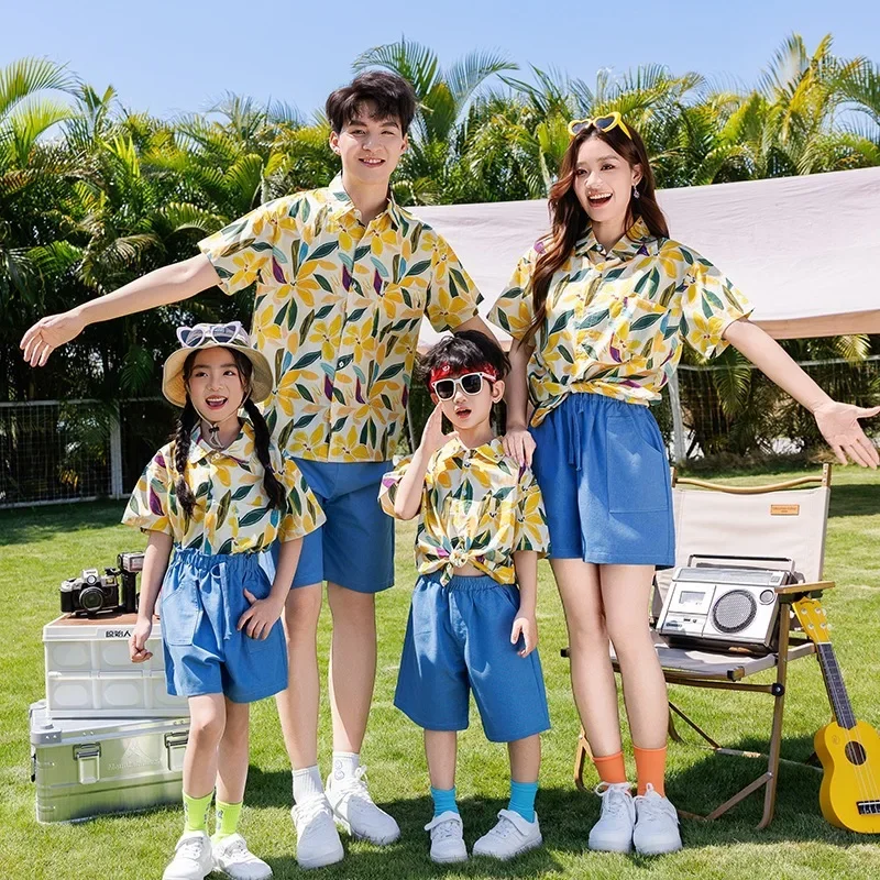Summer Family Matching Outfit Set Tropical Floral Print Shirt Denim Shorts Casual Camping Vacation Outfits for Mom Dad and Kids