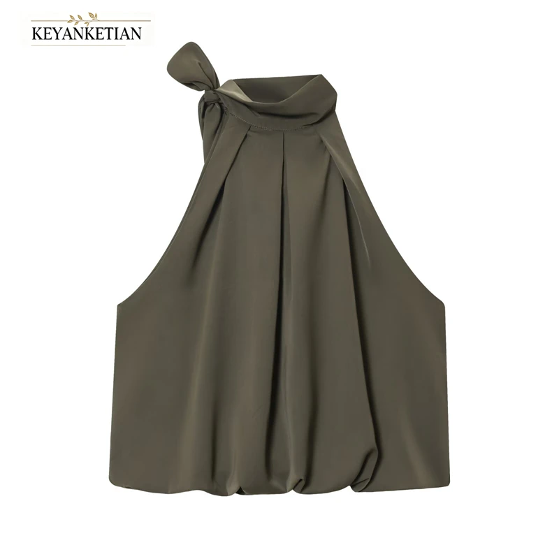 KEYANKETIAN 2026 Summer Satin Halter Sleeveless Top Side Shoulder Long Bow Tie Draped Neck Gathered Loose Cropped Elegant Blouse
