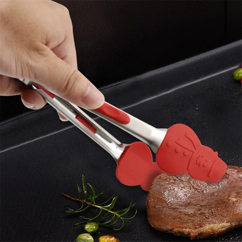 7'' Christmas Kitchen Cooking Tongs Heat Resistant Stainless Steel BBQ Tong with Silicone Tips Design For Salad Grill and Baking