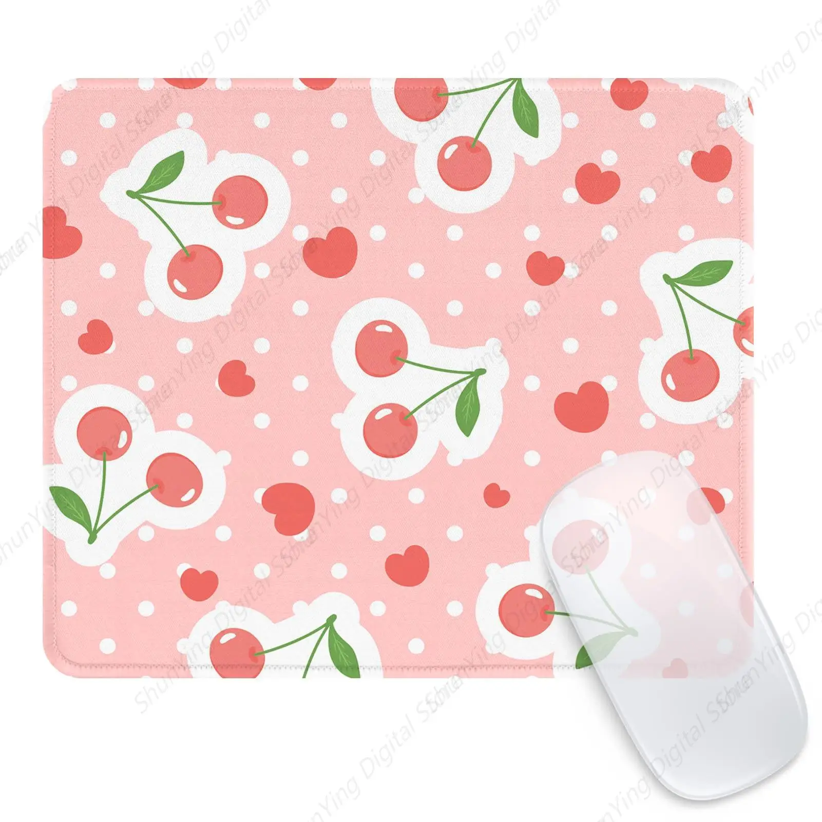 Square Cute And Interesting Mouse Pad Non Slip Rubber Base Computer Mouse Pad Pink Cherry And Heart-Shaped