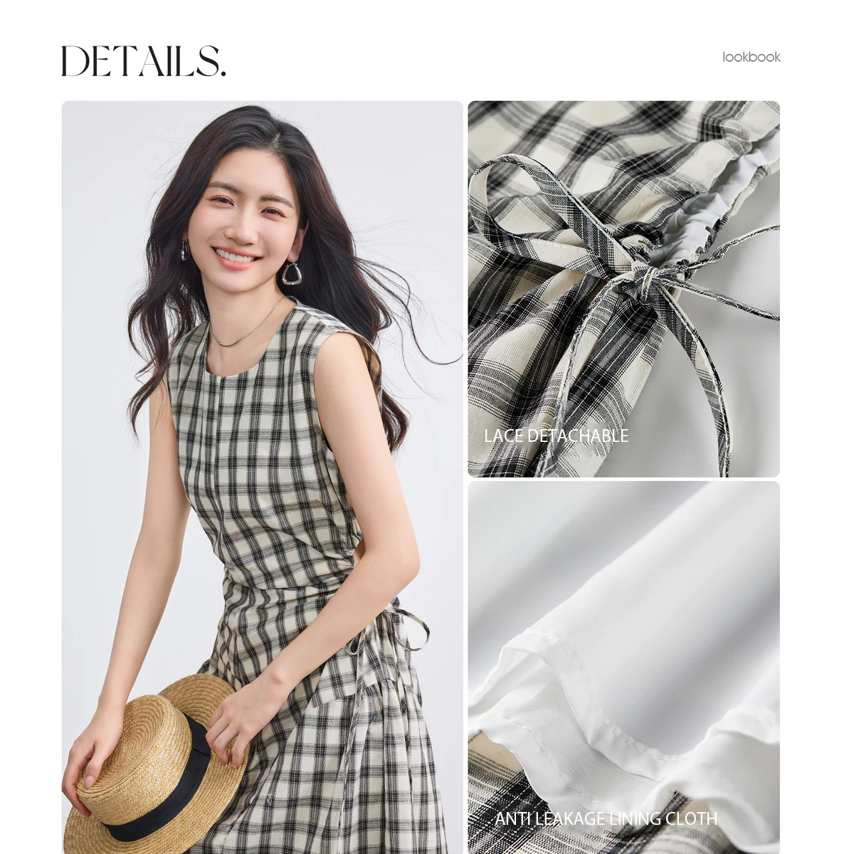 SENTUBILA Women's Summer Tank Dress 2026 Sleeveless Drawstring Waist Hollow Black White Plaid Dresses Casual Clothing W52LP2473