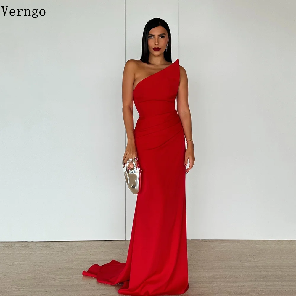 Verngo Red Crepe Evening Dress One Shoulder Mermaid Prom Party Dresses Women Simple Elegant Formal Prom Gowns