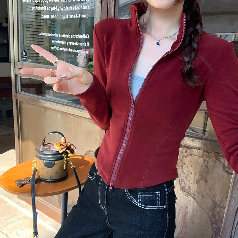 

Женский кардиган на молнии спереди, спортивная одежда для йоги, облегающий вельветовый топ с воротником-стойкой, высокое качество, модный, осенне-зимний...