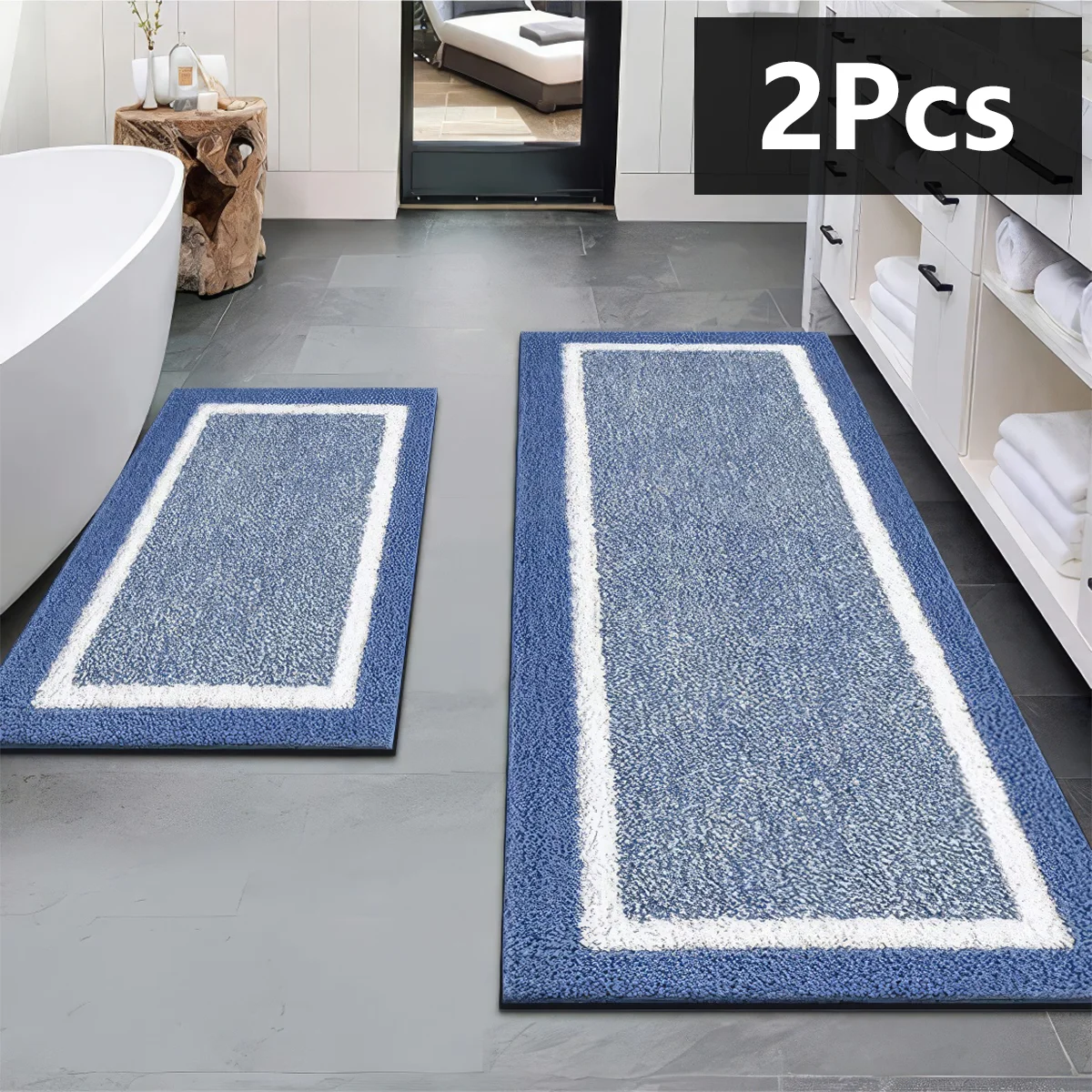 Simple Blue Long Kitchen Mat Diatomaceous Earth Print Non-Slip Absorbent Mat for Bathroom Toilet and Doorway