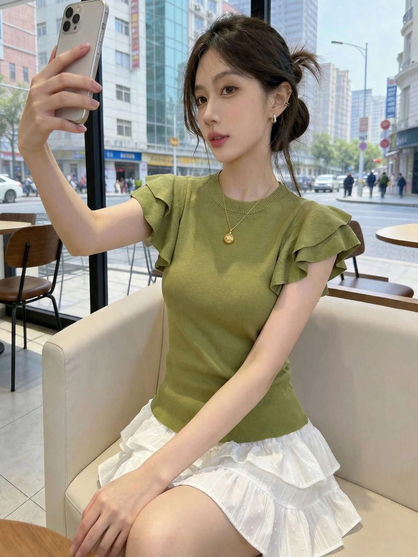 Elegant Green Knitted Top Women's round Neck Short Sleeve Ruffle Hem Commute Style Summer 2026 Slimming Age-Reversing New Arr...