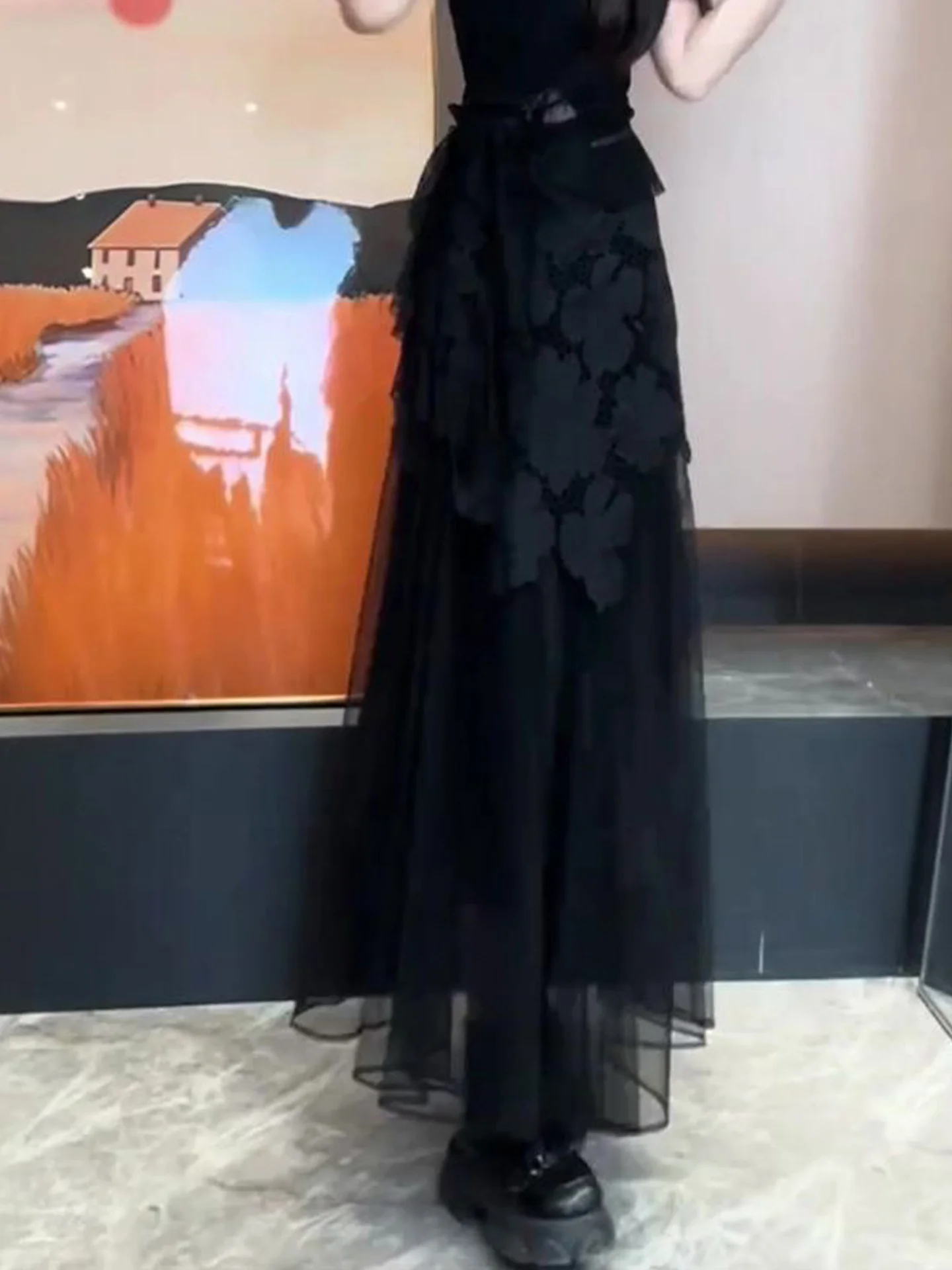 Black Lace A-Line Skirt Women's Loose High Waist Fashionable Spring Autumn New Style Soft Comfortable Polyester Fiber