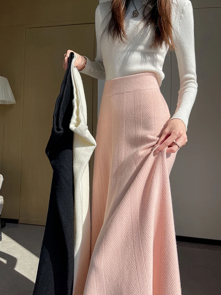 Autumn Winter Knitted Skirt Women Elegant High Waist Solid A Line Long Skirts Female Casual Fashion Office Lady Korean Skirt New