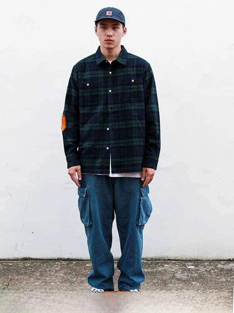 RADIUM Japanese Style Casual Plaid Long Sleeve Flannel Shirt Men's Spring Autumn Loose Fit Warm Thick Cotton Workwear