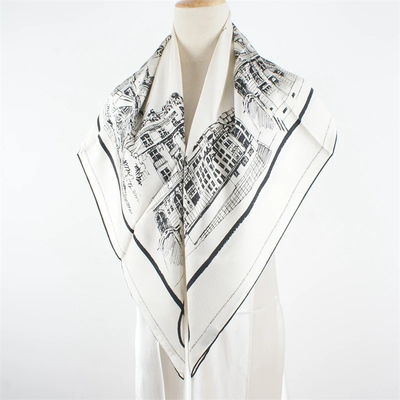 90 Silk Scarf Neckerchief Classic Black White Printed Womens Fashion 100% Silk Scarves Wraps Shawl