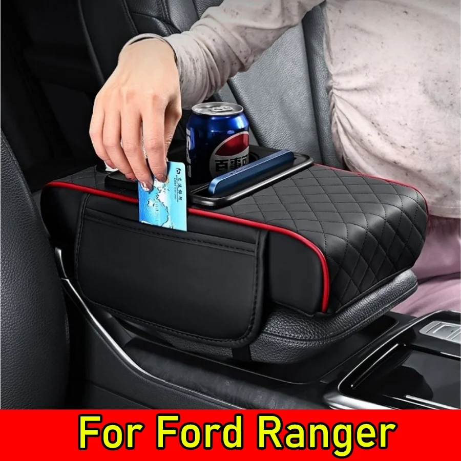 

For Ford Ranger 2019 - 2023 Non-Slip Fixed Car Armrest Box Pad, Multifunctional PU Leather Version, Heightened Storage withCup