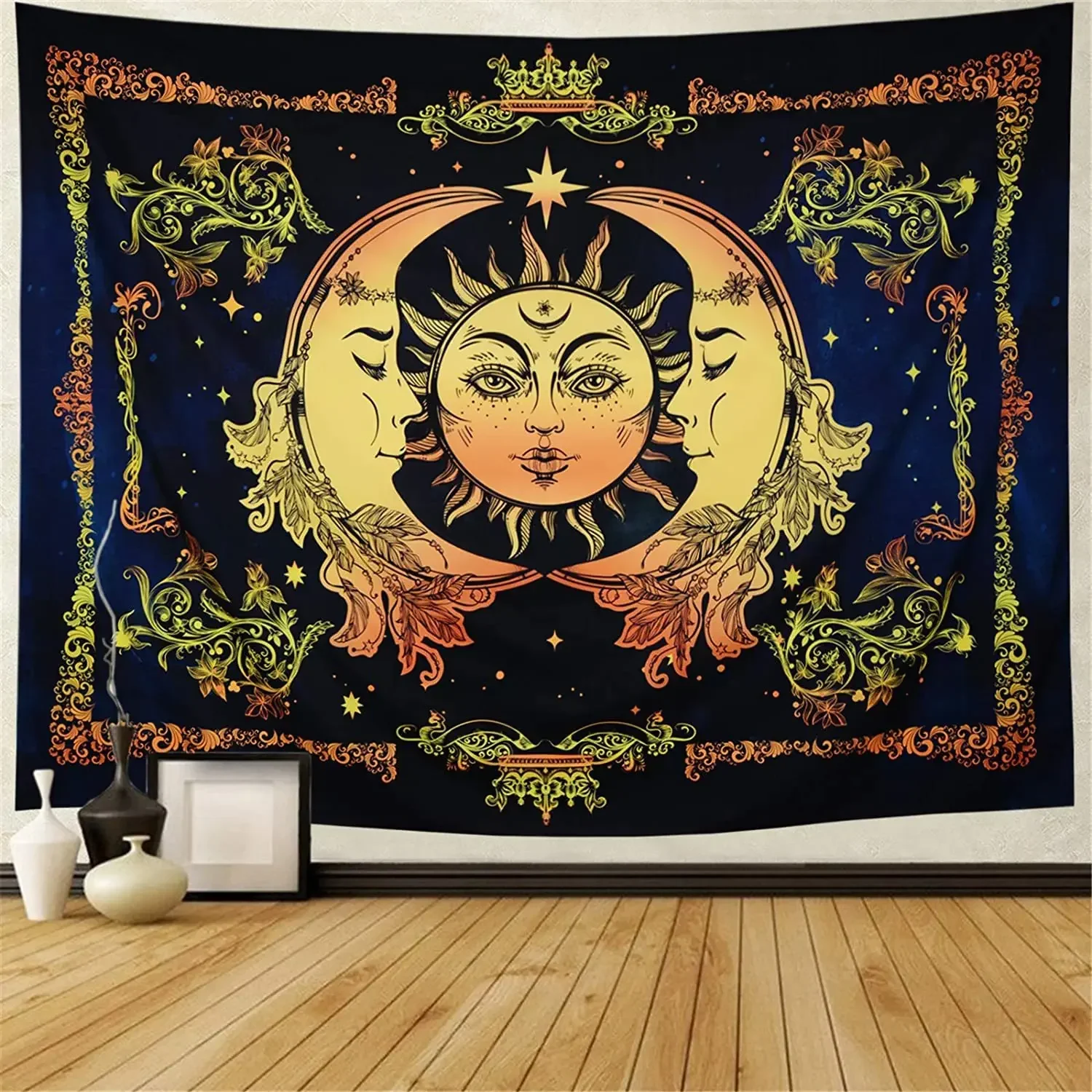 Burning Sun White and Black Wall Hanging Tapestry Flower Vine Retro Mysterious Hippie Bohemian Witchcraft Home Decor