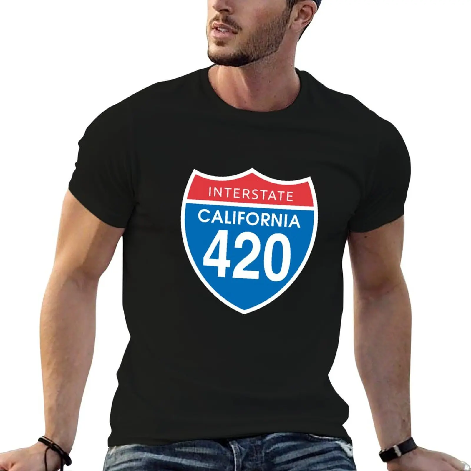 California 420 Day US Interstate Highway Sign T-Shirt Large Size Casual Tee Shirt