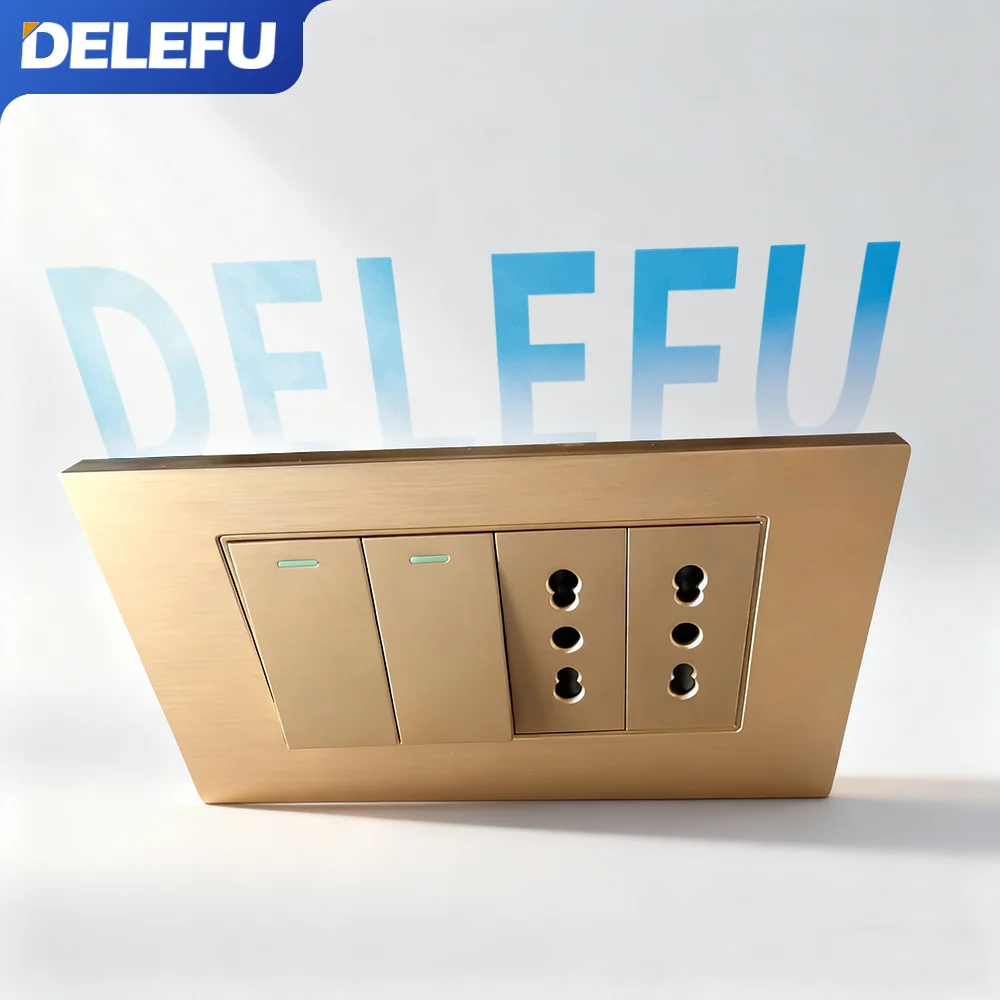 DELEFU Aluminium Wire Panel 145mm Golden Italian Standard USB C-type Fast Charging Wall Socket Switch TV Telephone CAT5 CAT6