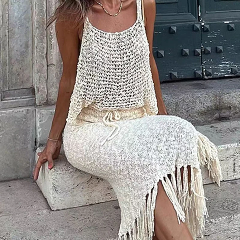 

Two Piece Sets Knitted Camisole Blouse Tassel Skirts Women Sexy See Through Summer Mesh Beach Dress Suits Hollow Out Sling Tops