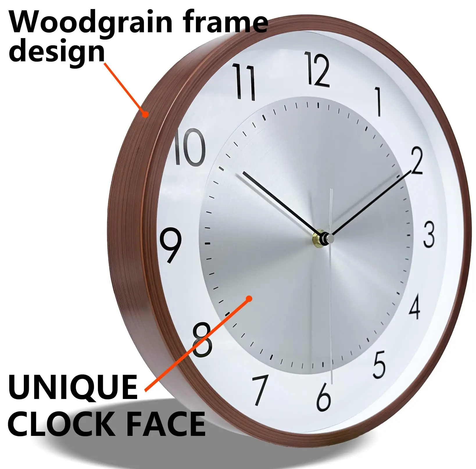 Vintage Round Silent Wall Clock Imitation Wood Grain Dial Tempered Glass Cover Clock for Living Room Bedroom Kitchen Office Gift