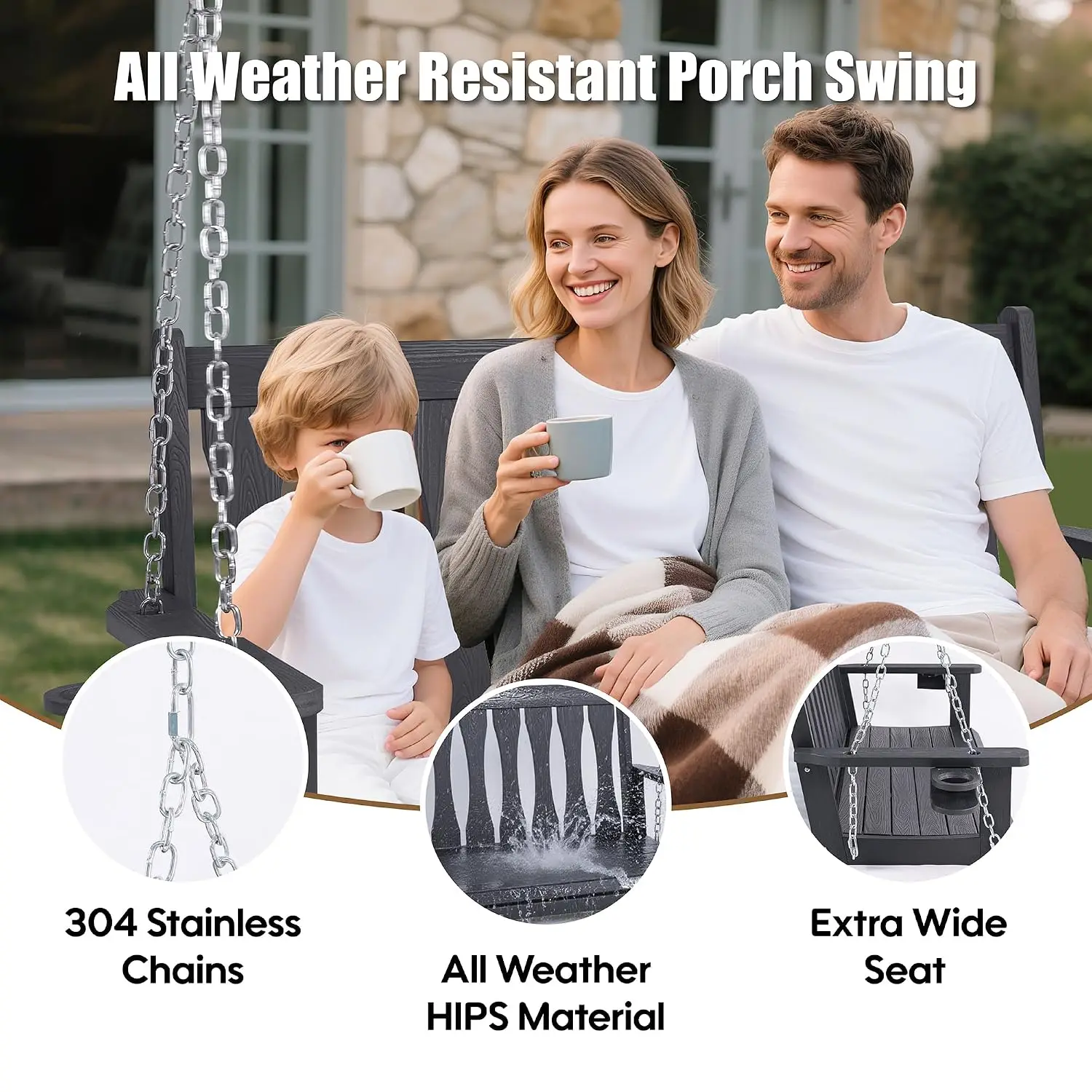 All-Weather Outdoor 2-Seat Hanging Porch Swing Bench, Customized