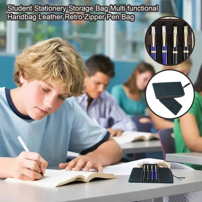 حقيبة أقلام رصاص جلدية بسحاب حقيبة أدوات مكتبية تحمل 4 أقلام من جلد البولي يوريثان حقيبة عرض عتيقة للعمل والجامعة
