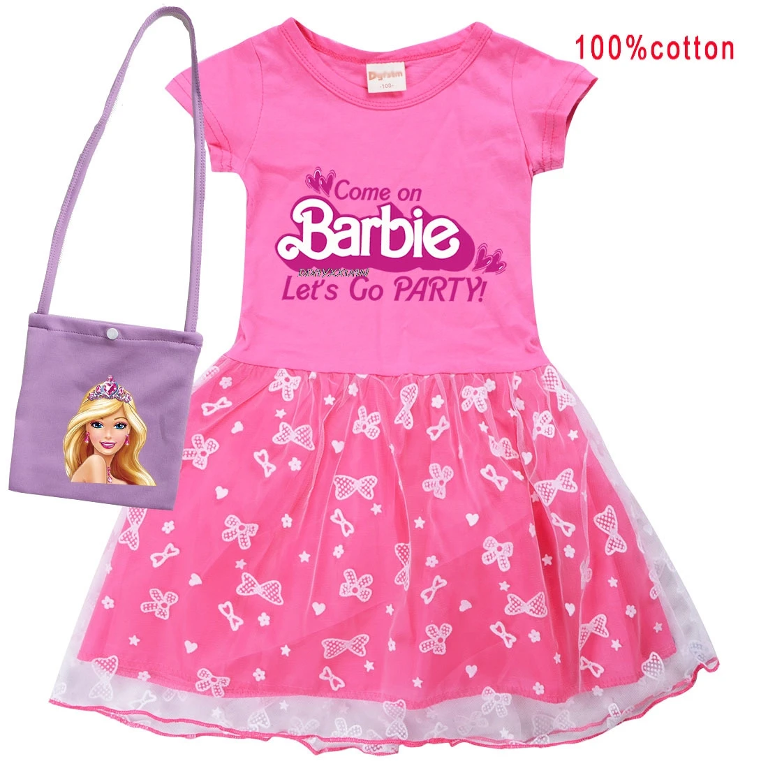 New Kids Summer Hot Barbie Cartoon Toddler Girl Dress ＋Bag Chidlren Cartoon Dresses Baby Print Party Frocks