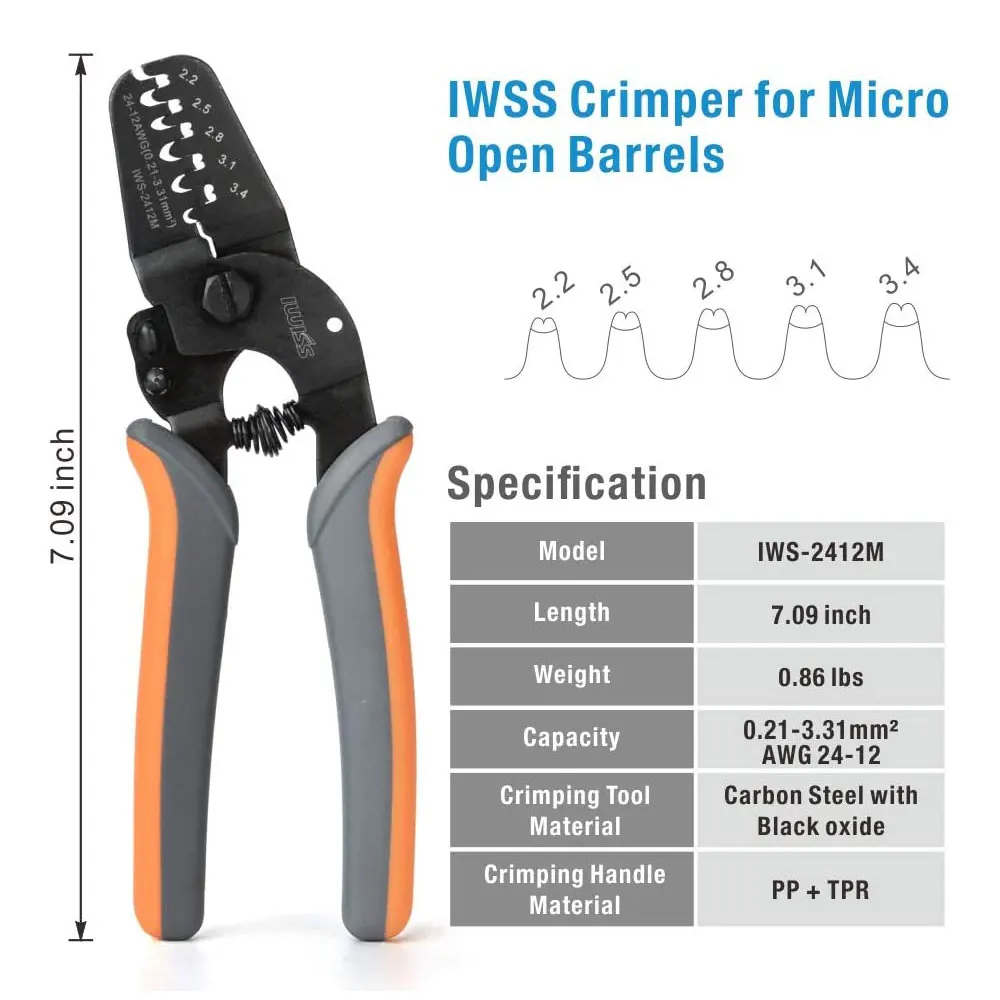 

IWS-2412M Open Barrel Crimping Tools Works on AWG24-12 JAM,Molex,Tyco,JST Terminals and Connectors Crimper Plier Mini Hand Tool