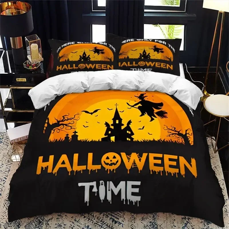 

Halloween Duvet Cover King Microfiber Medieval Haunted Castle With Garden Pumpkins Dark Clouds Scary Nights Print Bedding Set