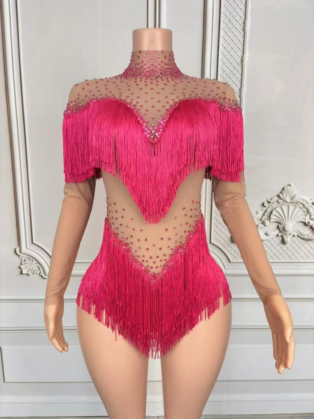 

Rhinestones Tassels Bodysuit for WomenSexy Mesh Performance Dance Costume DancerStage Wear Nightclub Outfit D225