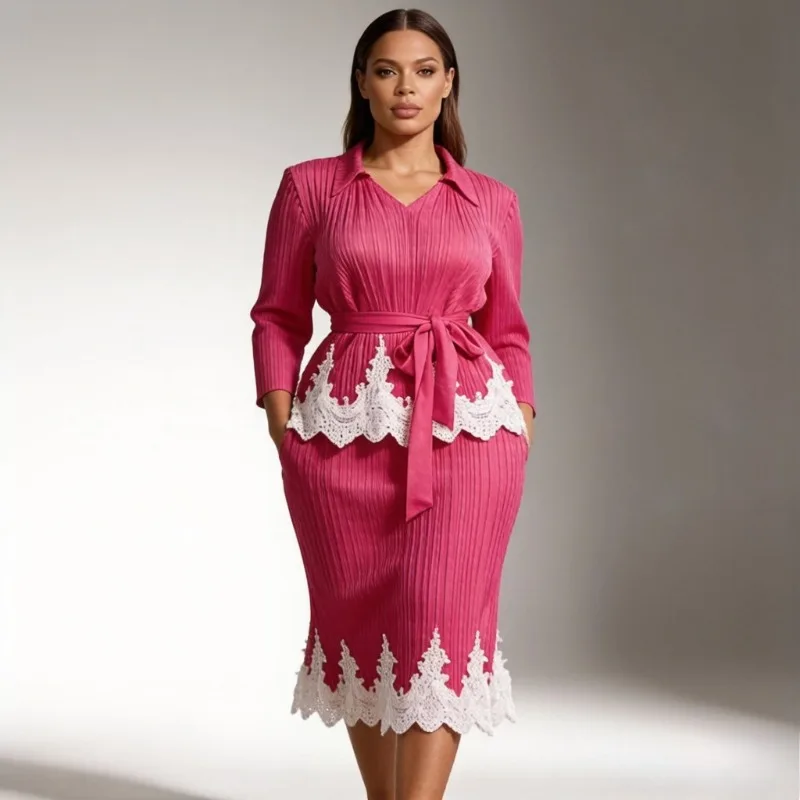 

Miyake Spring Collection 2026 Pleated Set Lace Patchwork Nine-Quarter Sleeve Fold Top Waist-Cinching Fishtail Skirt 2-Piece Set