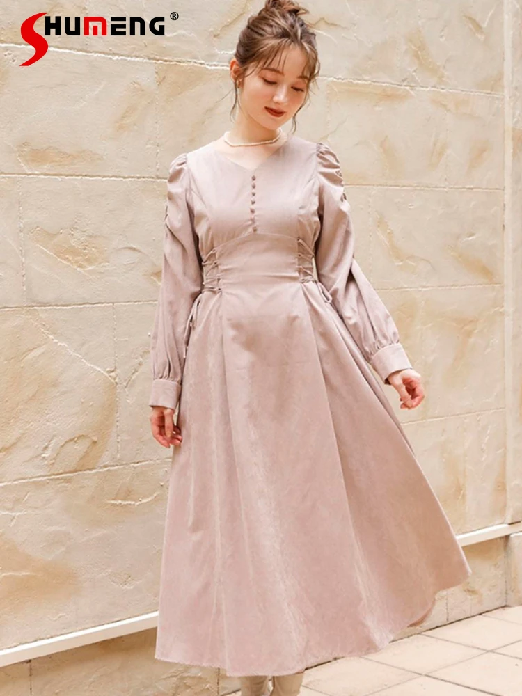 

Japanese Commuter Pleating Side Lace-up V-neck Long Sleeve Single-Breasted High Waist Slim Fit A-line Fashion Long Dress Women