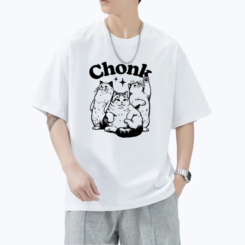 

2025 New in Cute Kawaiii Chonk Funny Fat Cats Meme short sleeve T-shirts Men Women harajuku Tops Unisex Oversized Cotton T shirt
