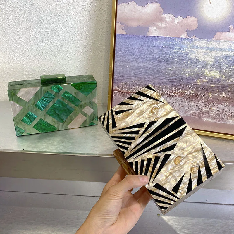 2024 New Marble Grid Color Matching Acrylic Handbag Women Shoulder Evening Clutches Bag Wedding Party Designer Lady Purse Box - Image 6