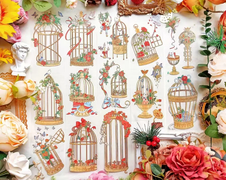 Vintage Canary Bird Flower Cage Gold Laser Shiny Washi PET Tape for Card Making DIY Scrapbooking Plan Decorative Sticker