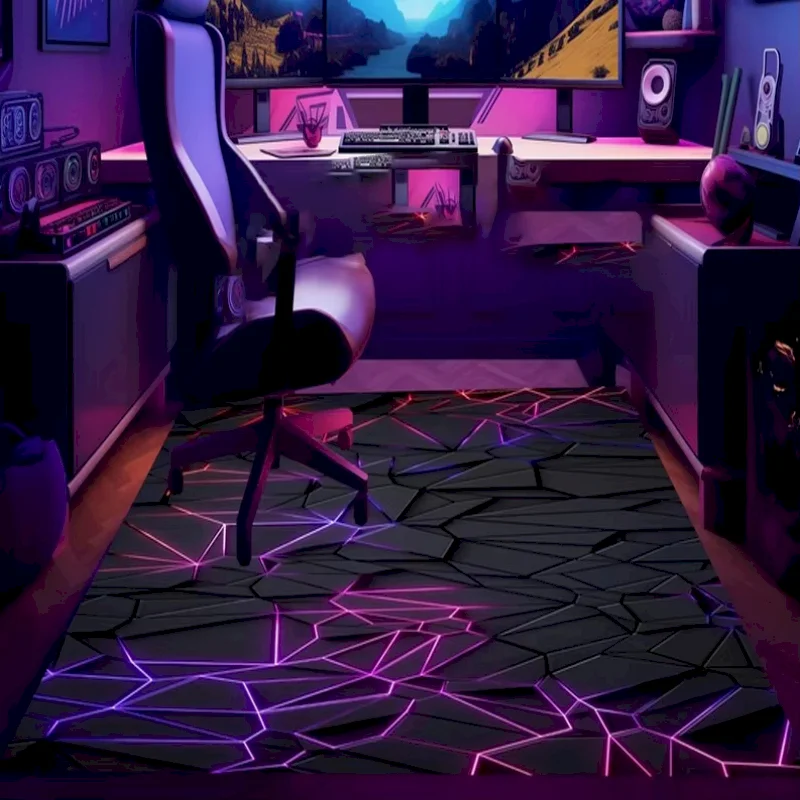 VIKAMA 3D Broken Geometric Gaming Rug Non‑Slip Washable Neon Color Cyberpunk Area Rug for Game Room Bedroom Home Decor Carpet