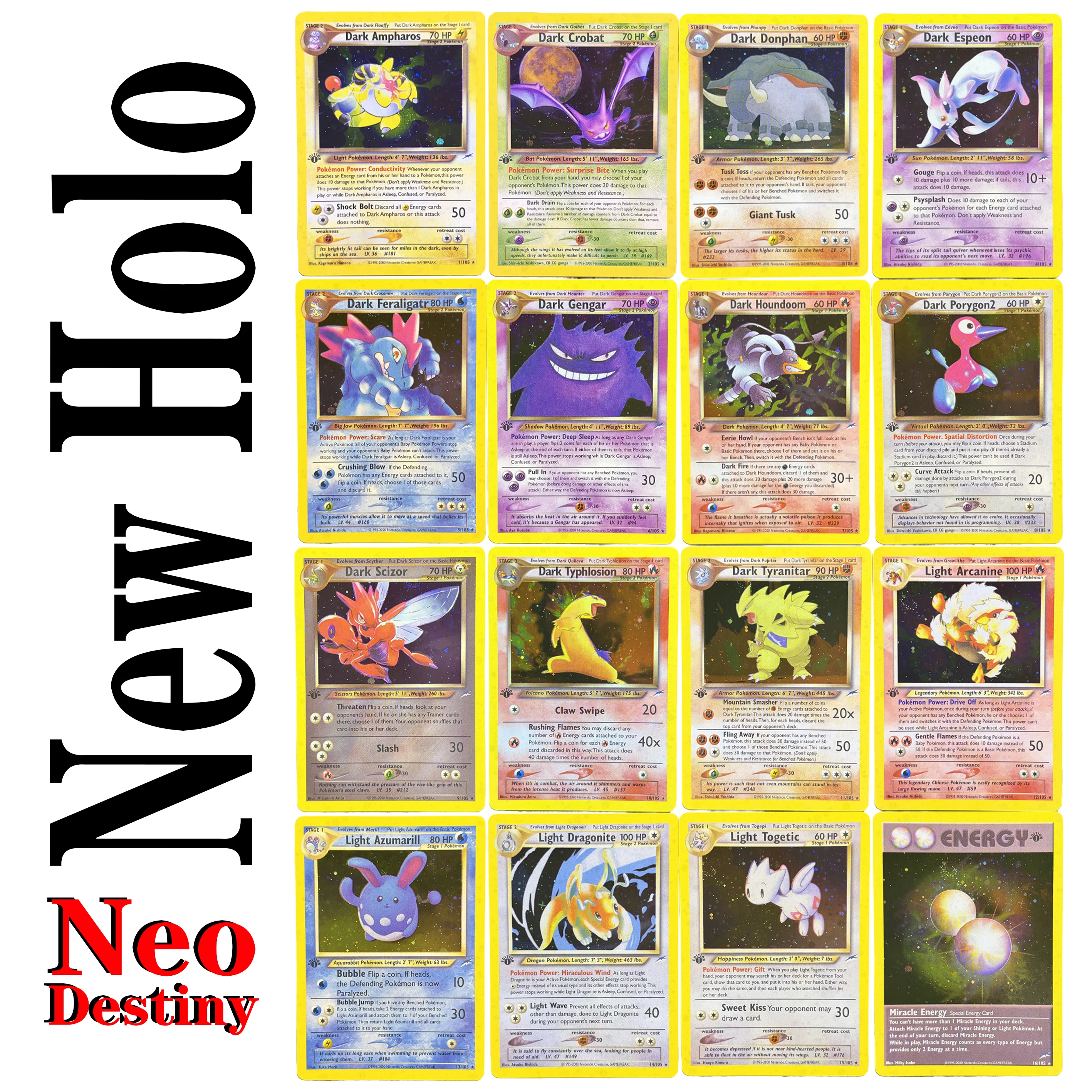 Nouveau Holo! Cartes de jeu de société Anime PTCG Neo Destiny Rares en Édition Limitée - Collection Complète 1ère Édition Série Ténèbres & Lumière - Cartes Brillantes PROXY