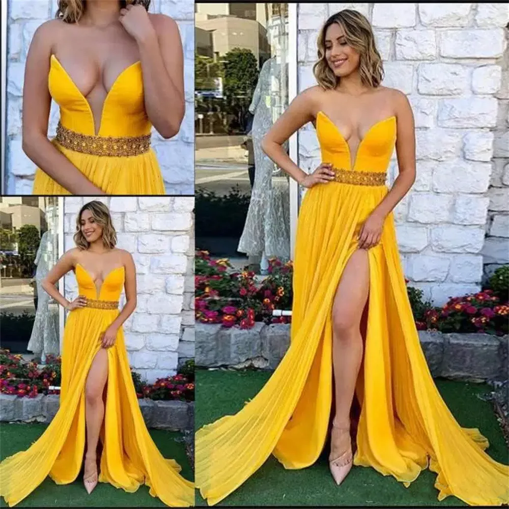 

Yellow Sleeveless Prom Dresses Sheer Deep V Neck Top Beads Side Split Party Gowns Evening Wear formal Dress فستان robe de soirée