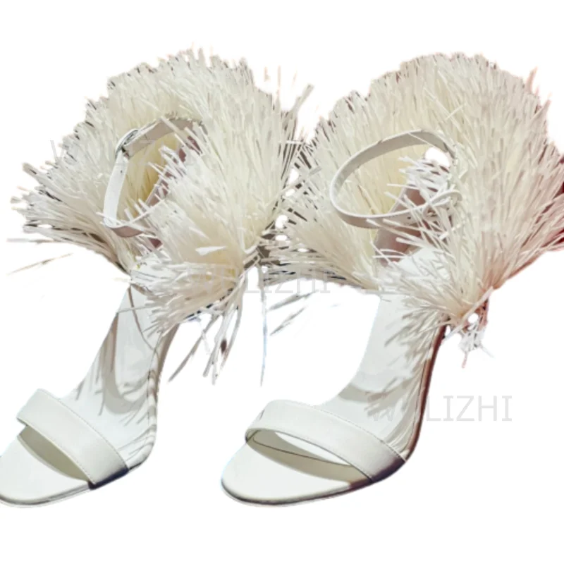 Bianco Nappa Piuma Cinghie lunghe Tacchi Ragazze Carino Fibbia aperta Sandalo Estate Nero Nappa-Cravatta Cinturino alla caviglia Slingback Rosso Scarpe sexy