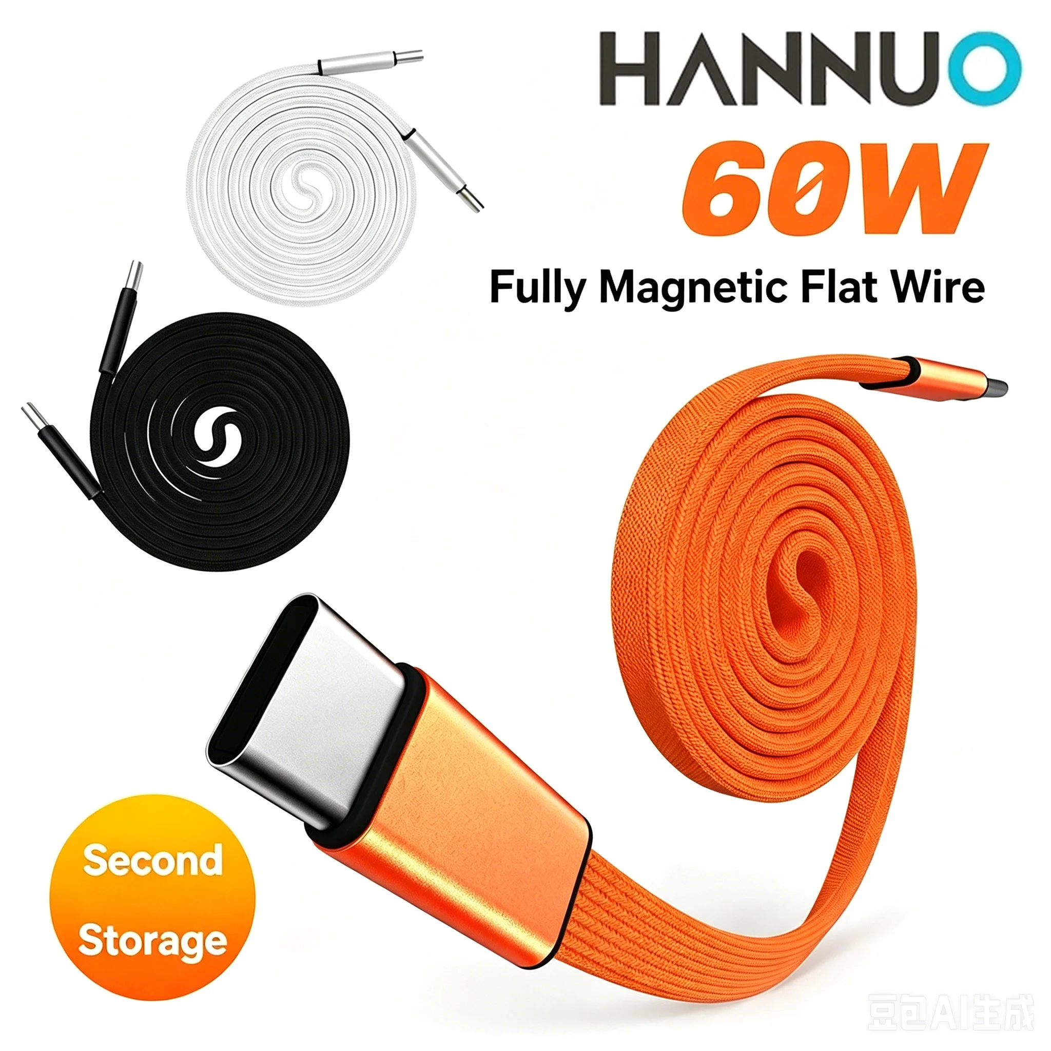 Cabo Magnético HANNUO PD 60W USB C para Tipo C para iPhone, Cabo de Carregamento Rápido para Macbook, Laptop, Cabo Tipo C para Samsung