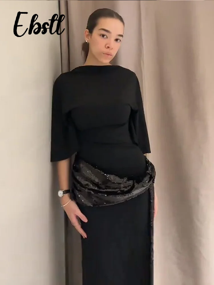 Sexy Pailletten Splitsen Backless Jurken Vrouwen Elegante Korte Mouw O-hals Linten Lange Gewaden 2026 Lente Nieuwe Dames Chic Jurk