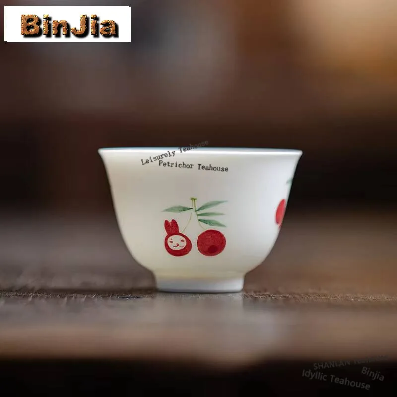 2pc/set Reverse White Handmade Teacup Hand-painted Cherry Master Cup Traditional Cute Cup Smelling Cup Cafes Collection 60ml