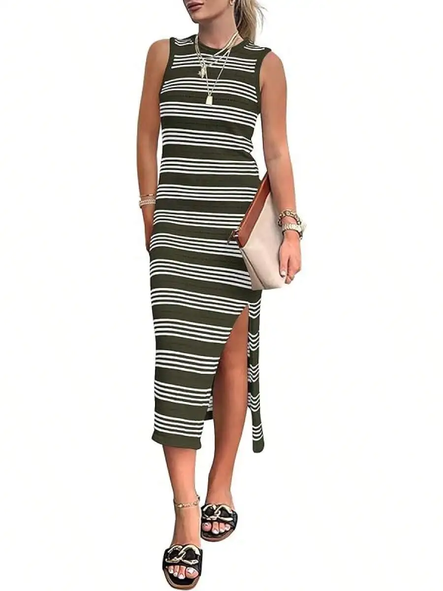 

Womens Sleeveless Striped Knit Midi Dress With Side Slit Casual Summer Bodycon Dress