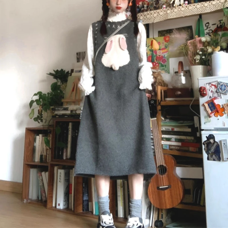 

Sweet Vest Skirt Design Sense Three-dimensional Bunny Grey Knit Dress Autumn and Winter Cute Girlish Style Women's Dress