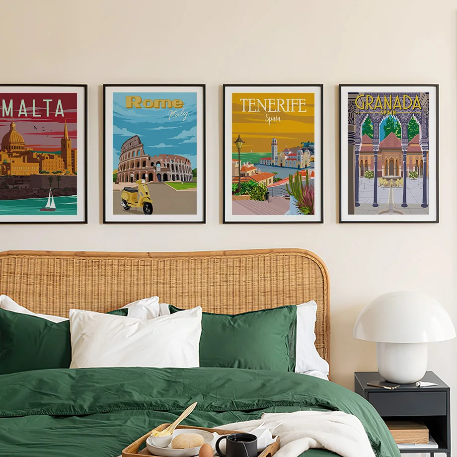 Famous City Scenery Poster Vintage Malta Granada Turin Marseille Florence Wall Art Print Canvas Painting Living Room Home Decor