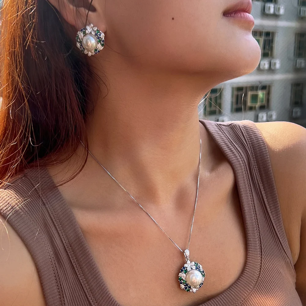 BeaQueen Trendy Colorful CZ Pearl Silver Plated Flower Pendant Necklace Earrings Sets for Women Festive Party Jewelry Gift JS418