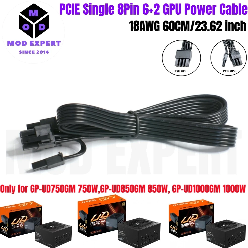 GPU Power Cable 6+2 PCIe 8-Pin for Gigabyte GP-UD750GM 750W, GP-UD850GM 850W, GP-UD1000GM 1000W Gold Modular Power, 18AWG 60 CM