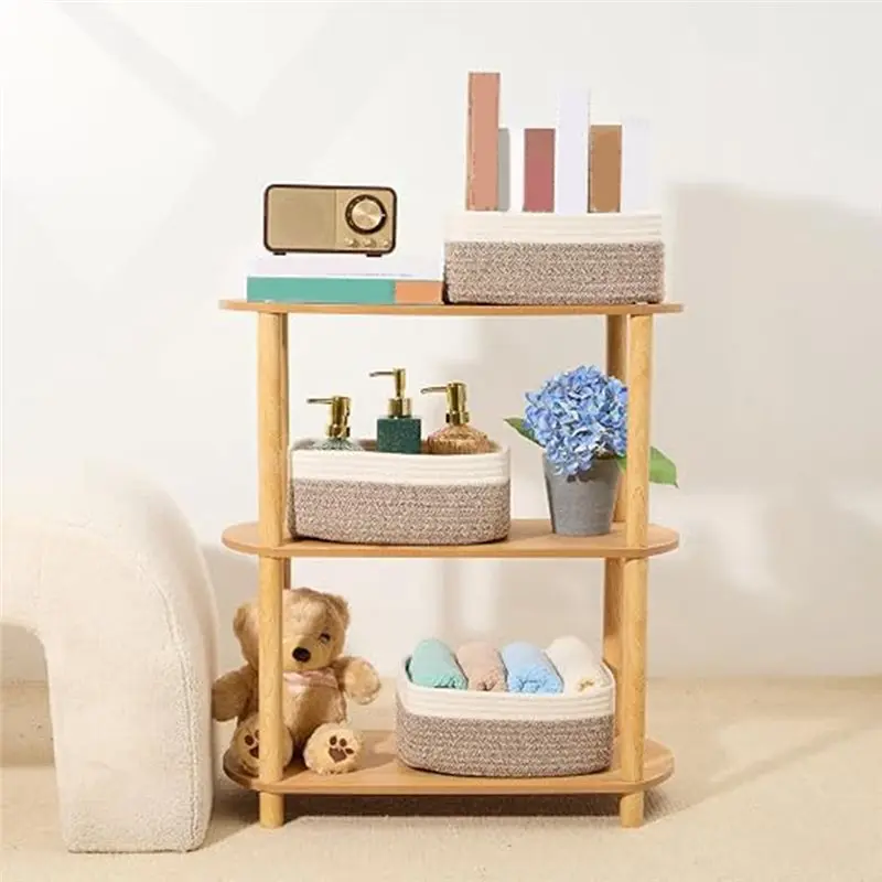 WORTHOWN-3 Pack Cotton Rope Storage Baskets, 13.4X9.5X5.1In Shallow Tray Bins For Shelf, Nursery, Bathroom Organizer